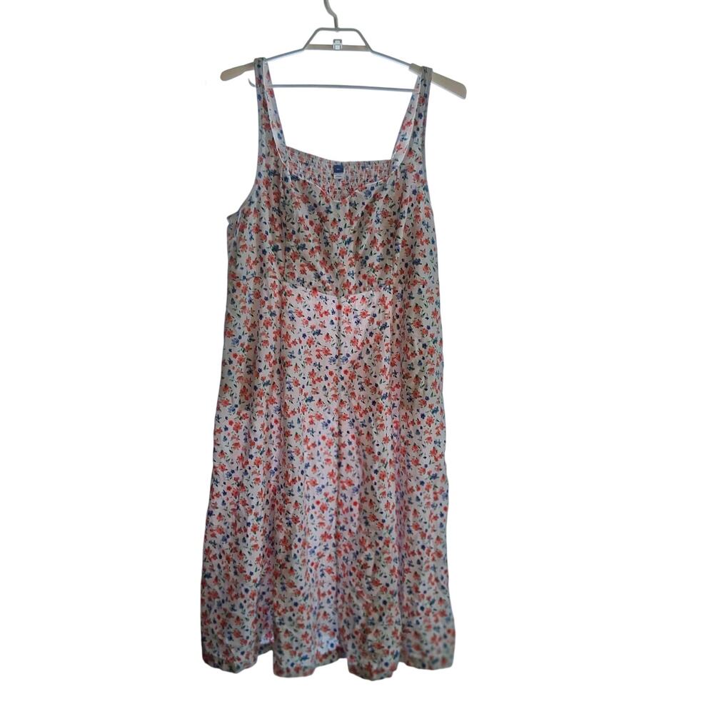 Old Navy Dress wmns XXL linen blend notch neck floral red white blu pockets midi